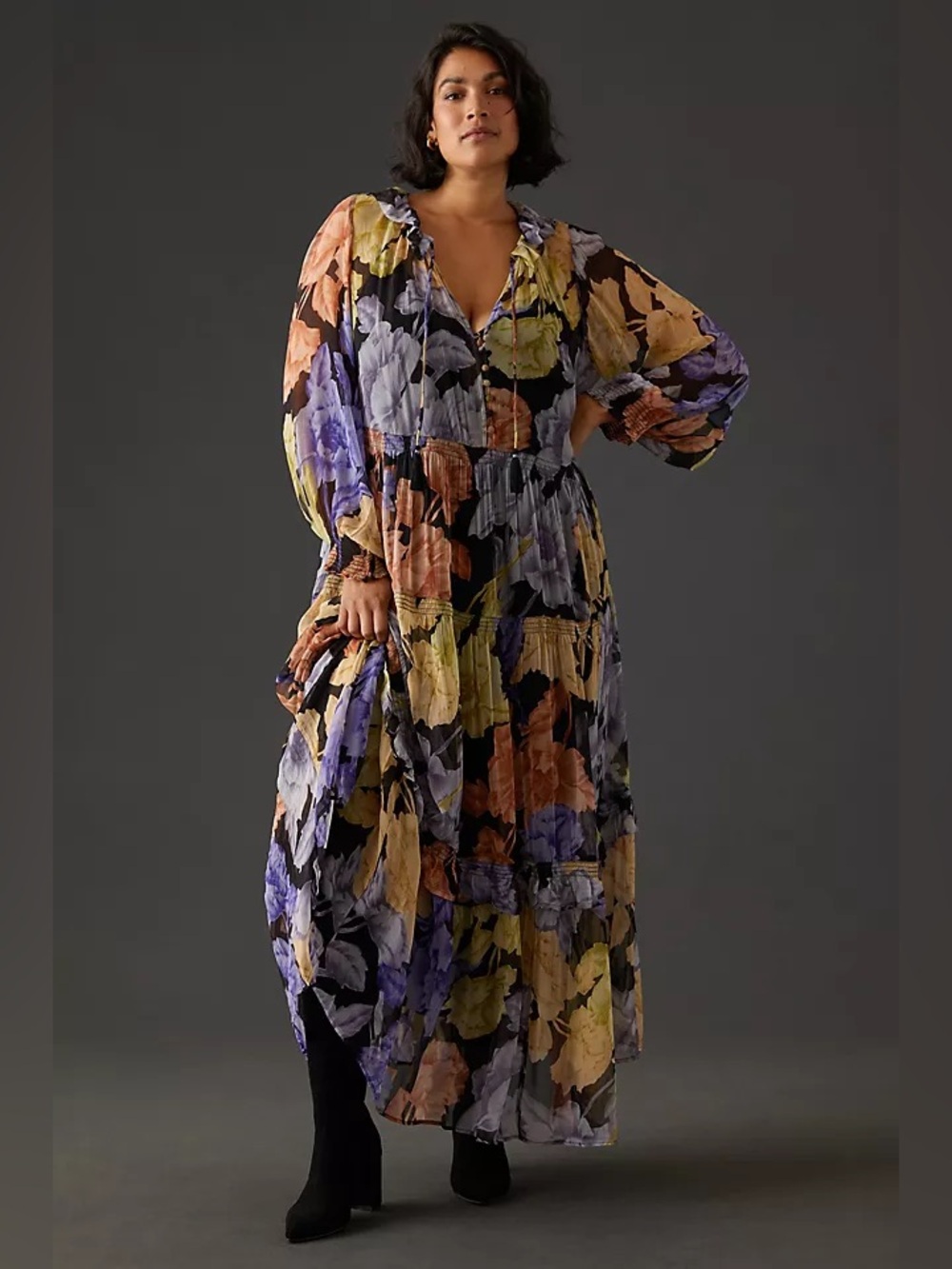 Anthropologie Marais Printed Chiffon Maxi Dress Tiered Long Sleeve
